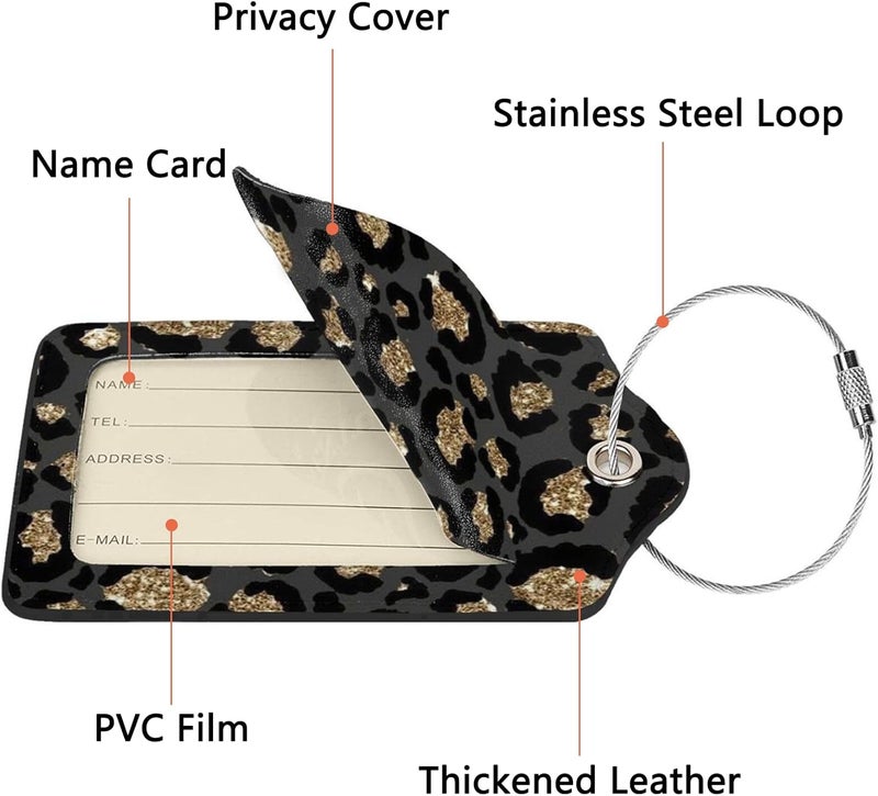 GACCAP 2 Pack Luggage Tags for Suitcase, Privacy Cover ID Label with Stainless Steel and Address Card for Travel Bag Backpack Cruise Ship Essentials Tag Women Girls - Black Gold Leopard Cheetah - Image 3